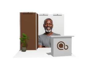 Classic 10x10 · Straight, reception + 2 counters trade show booth rental — EC Exhibits