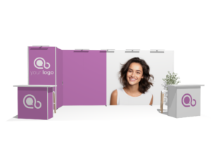 Classic 20x10 · Straight, reception + 2 counters trade show booth rental — EC Exhibits