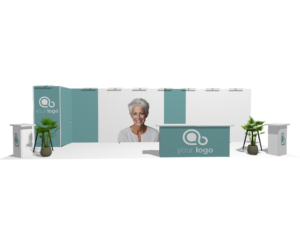 Classic 30x10 · Straight, reception + 2 counters trade show booth rental — EC Exhibits