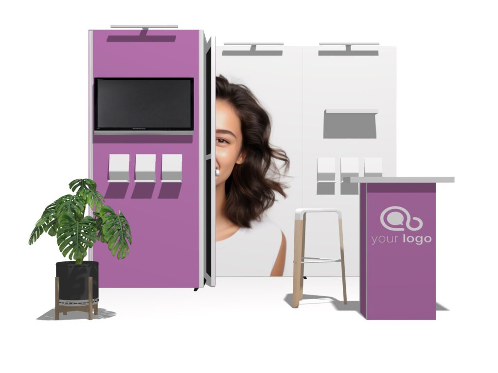 Classic 10x10 inline booth rental with reception counter and TV mount — EC Exhibits