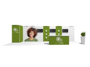 Classic 30x10 · Straight, reception counter, TV, accessories trade show booth rental — EC Exhibits