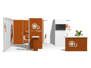 Classic 20x20 · L-shape, reception counter, accessories, divider trade show booth rental — EC Exhibits