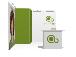 Classic 10x10 · L-shape, reception counter, left, 2 counters trade show booth rental — EC Exhibits
