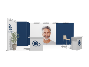 Classic 20x10 · L-shape, reception counter, left, 2 counters trade show booth rental — EC Exhibits