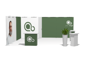 Classic 20x20 · L-shape, reception counter, left, 2 counters trade show booth rental — EC Exhibits