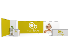Classic 30x10 · L-shape, reception counter, left, 2 counters trade show booth rental — EC Exhibits