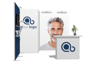 Classic 10x10 · L-shape, reception counter, TV, accessories trade show booth rental — EC Exhibits