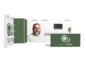 Classic 20x10 · L-shape, reception counter, TV, accessories trade show booth rental — EC Exhibits