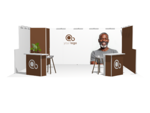 Classic 20x20 · U-shape, reception + 2 counters trade show booth rental — EC Exhibits