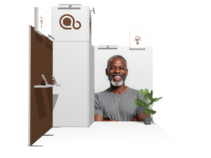 Hanging Sign Classic 10x10 · L-shape trade show booth rental — EC Exhibits