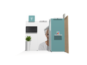 Hybrid Booth 10x10 · Straight, reception counter, accessories, divider trade show booth rental — EC Exhibits