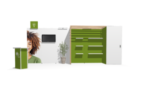Hybrid Booth 20x10 · Straight, reception counter, accessories, divider trade show booth rental — EC Exhibits