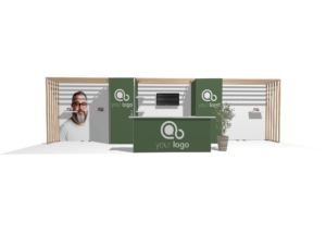 Hybrid Booth 30x10 · Straight, reception counter, accessories, divider trade show booth rental — EC Exhibits