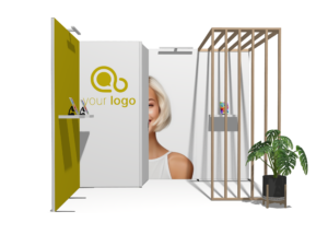 Hybrid Booth 10x10 · L-shape, reception counter, accessories, divider trade show booth rental — EC Exhibits