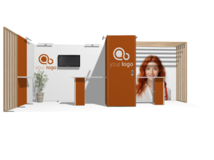 Hybrid Booth 20x10 · L-shape, reception counter, accessories, divider trade show booth rental — EC Exhibits