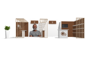 Hybrid Booth 30x10 · L-shape, reception counter, accessories, divider trade show booth rental — EC Exhibits