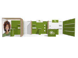 Hybrid Booth 30x10 · U-shape, reception counter, accessories, divider trade show booth rental — EC Exhibits